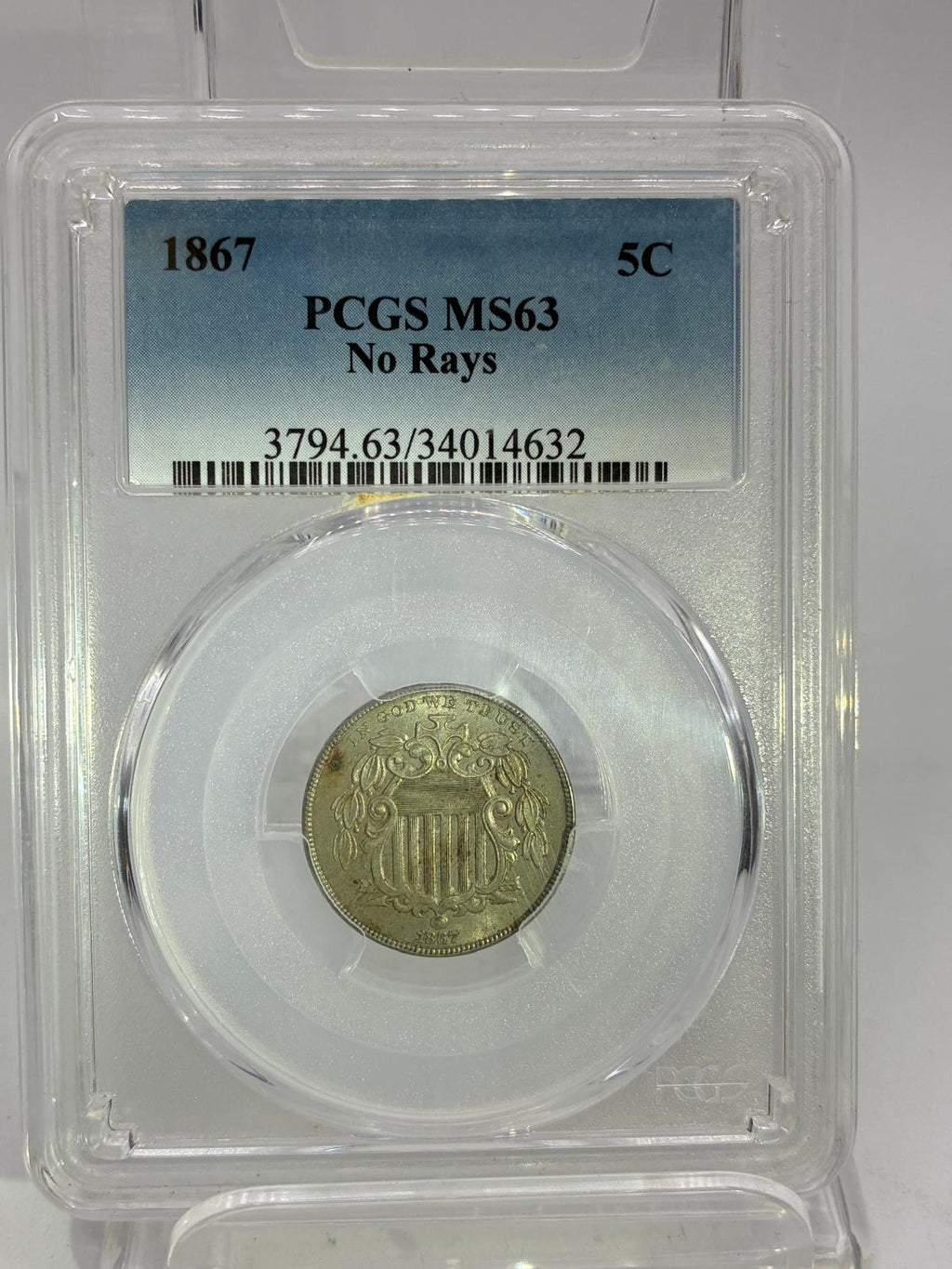 1867 5C PCGS MS63 No Rays