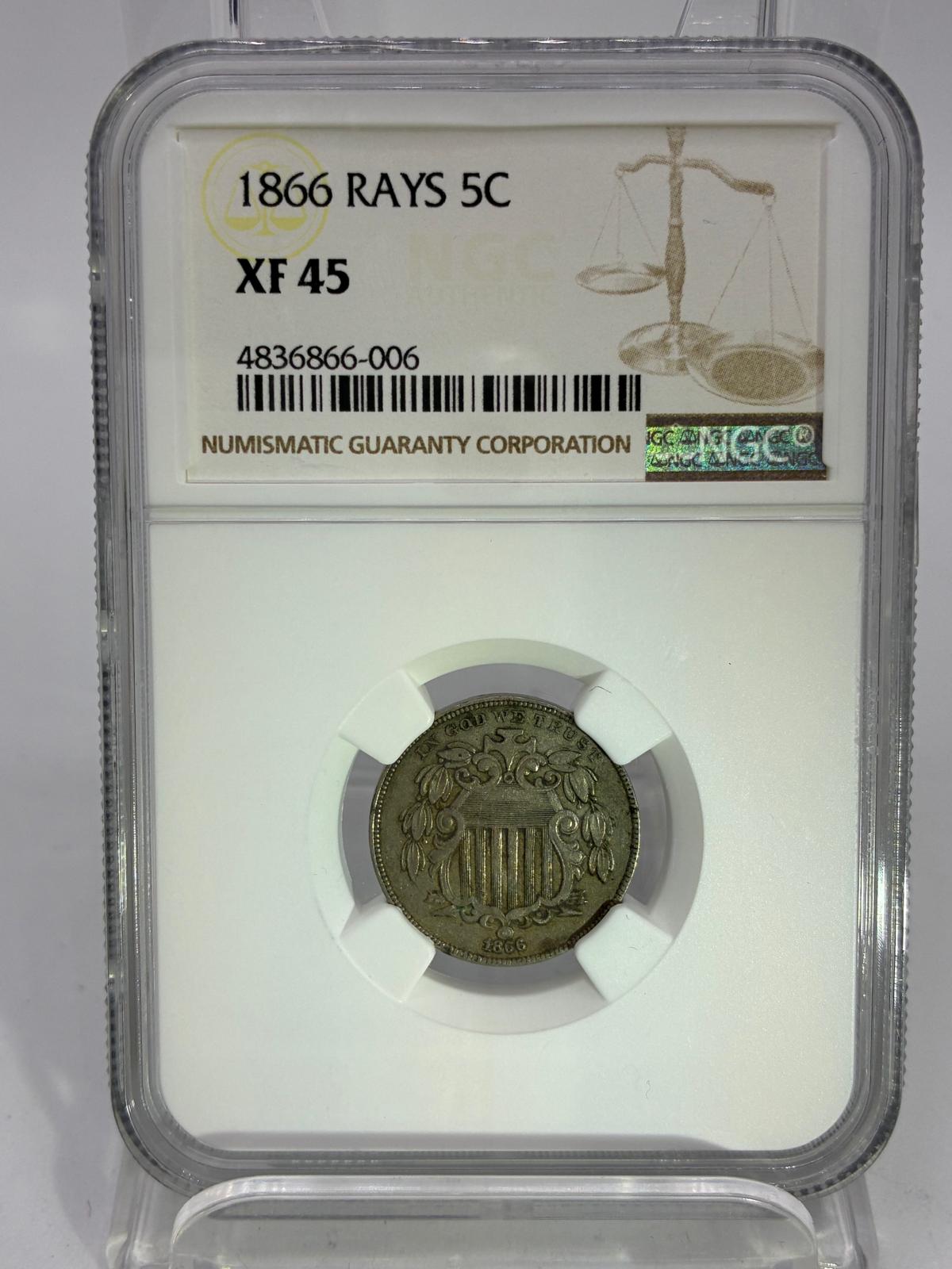 1866 RAYS 5c NGC XF 45