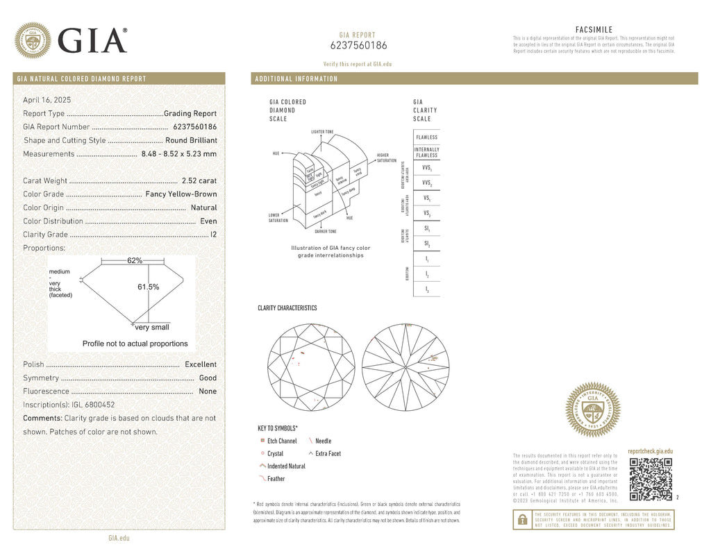 GIA 2.52 ct I2/Fancy Yellow-Brown Round Brilliant Natural Diamond