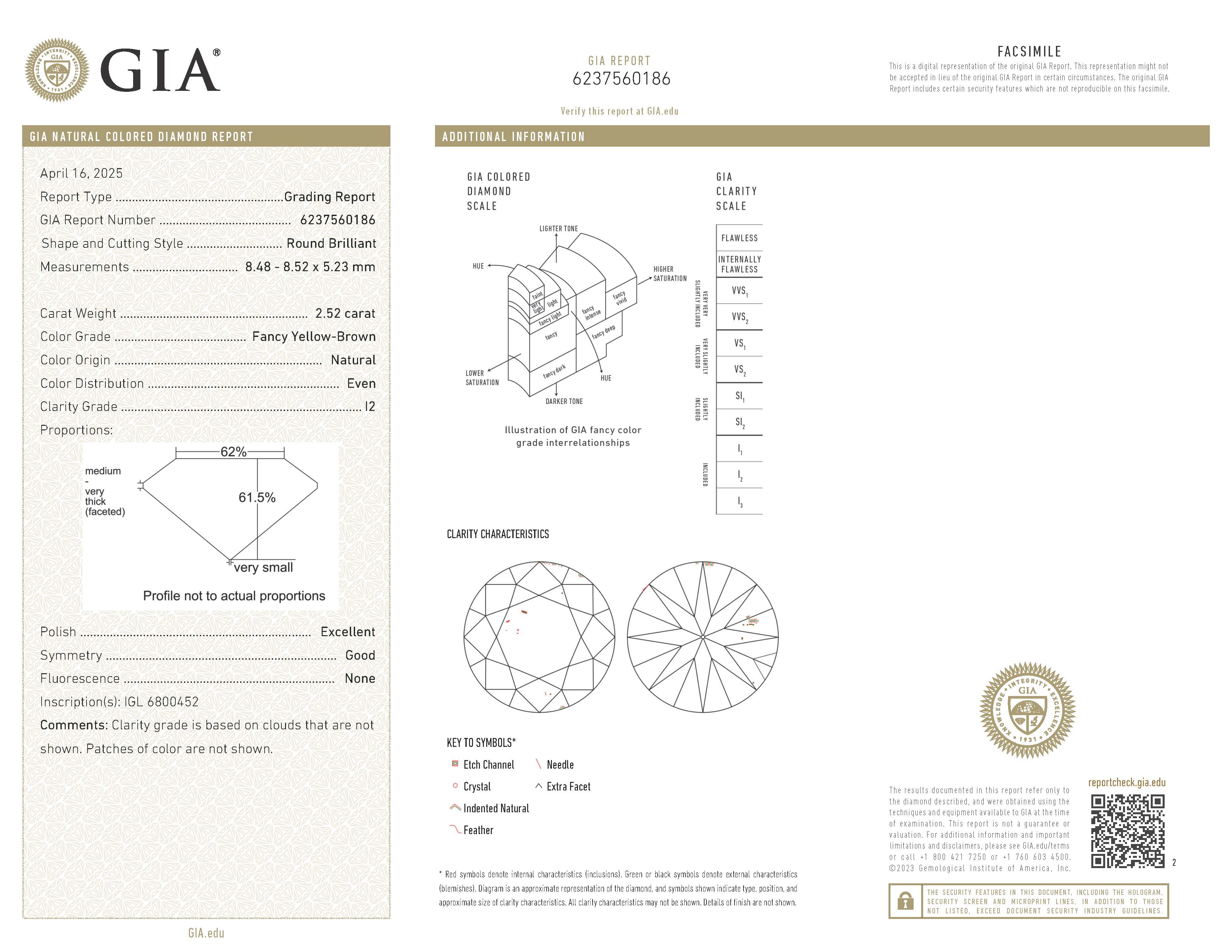GIA 2.52 ct I2/Fancy Yellow-Brown Round Brilliant Natural Diamond